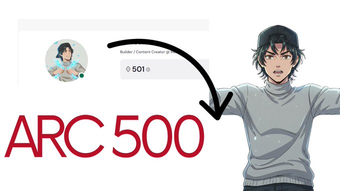 An anime-style illustration of a male character with black hair and a cap, gesturing toward a profile card labeled 'Builder / Content Creator @' showing '501' next to the large red text 'ARC 500'.