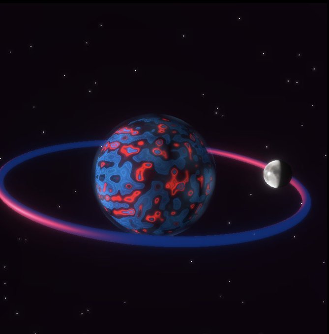 A digital illustration of a blue and red marbled planet encircled by a glowing pink and blue ring, with a small gray moon positioned to the right against a starry black background.