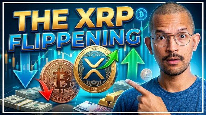 A YouTube thumbnail titled 'THE XRP FLIPPENING' showing a surprised man pointing at gold and silver Bitcoin and XRP coins, with cash and chart arrows in the background.