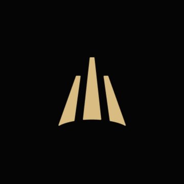 A minimalist logo featuring three tan/gold stylized peaks or columns converging upward against a black background, resembling an abstract mountain or architectural symbol. The design appears as a refined brand mark for River, with the three vertical elements creating a sense of height and forward motion.