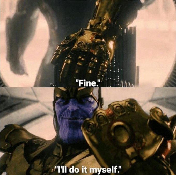A two-panel meme featuring Thanos saying 'Fine.' in the top panel and 'I'll do it myself.' in the bottom panel.