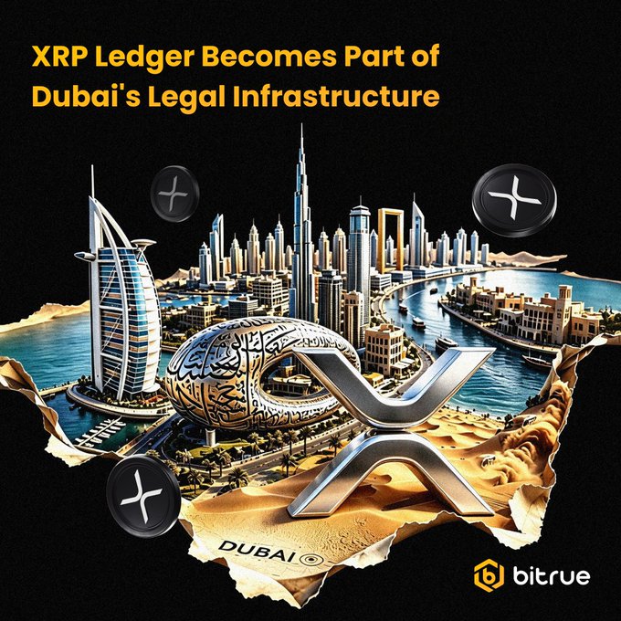 A promotional graphic with the text 'XRP Ledger Becomes Part of Dubai's Legal Infrastructure' featuring a 3D model of the Dubai skyline, the Burj Al Arab, and an XRP logo, branded with 'bitrue' and 'DUBAI' text.