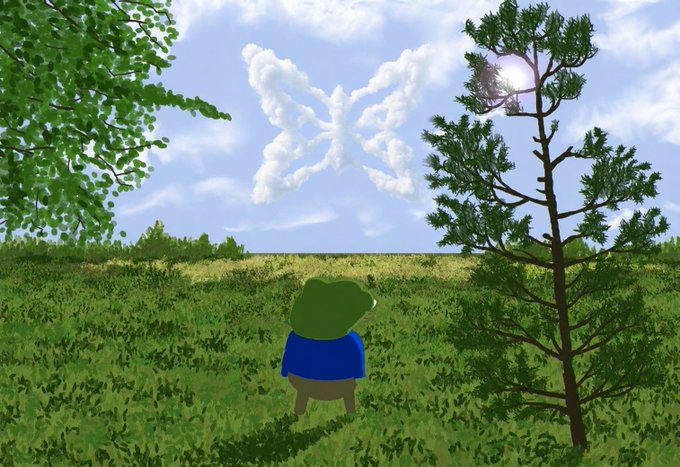 A 3D-rendered scene of a frog-like character in a blue shirt standing in a grassy field beneath a blue sky, with a pine tree to the right and a bright glowing object floating nearby.