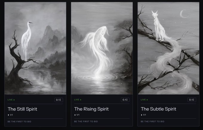 Three ethereal black-and-white spirit NFT cards titled 'The Still Spirit', 'The Rising Spirit', and 'The Subtle Spirit', each marked 'LIVE' and 'BE THE FIRST TO BID'.