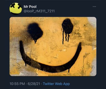 The image shows a tweet from user "Mr Pool" (@lo0P_rM311_7211) posted at 10:55 PM on 6/28/21 via Twitter Web App. The tweet features a yellow smiley face graffiti on a weathered wall, with the caption "XRP Mr Pool (:" matching the cheerful, optimistic tone of the artwork.