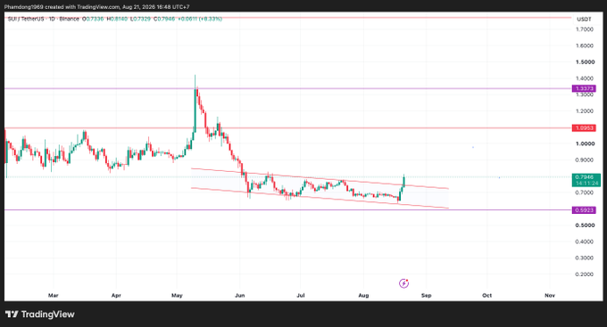 A TradingView chart for SUI/USDT on Binance showing price movement between March and November with key levels marked.