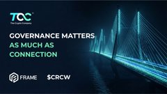 A dark promotional banner stating 'GOVERNANCE MATTERS AS MUCH AS CONNECTION' featuring logos for FRAME and $CRCW with a stylized blue bridge background.