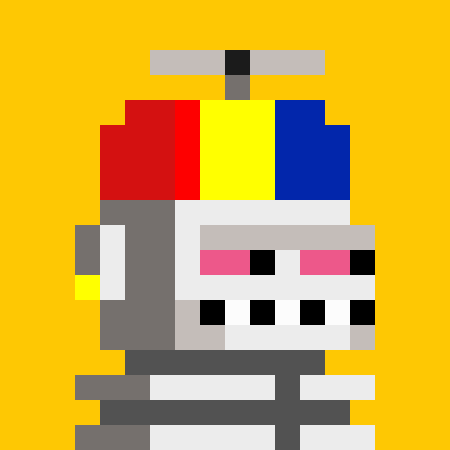 A pixel art image depicts a character with a blocky face and colorful head against a yellow background.