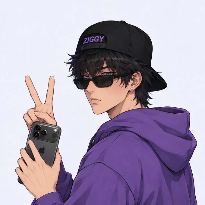 An anime-style illustration of a young man wearing a black cap with "ZIGGY" written in purple, dark sunglasses, and a purple hoodie, making a peace sign while holding a dark iPhone.