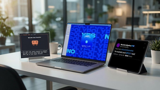 The image shows a desk with a laptop displaying "$POLY POLY POLY YES NO" text, alongside a tablet showing a "$POLY airdrop" claim page and a smartphone with text mentioning "@mustafap0ly" and "$POLY" token details, directly visualizing the social media post's discussion about the confirmed $POLY airdrop and its claim page.
