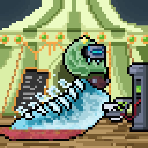 A pixel art illustration depicting a green-skinned character with a cybernetic eye, sitting in a chair and operating a computer terminal in a high-tech room.