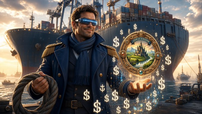 Fantasy illustration of a naval captain with goggles standing at a port, holding rope in one hand and a magical ornate shield reading 'GEM OF KINGDOM' in the other, surrounded by floating dollar signs with a large cargo ship behind him.