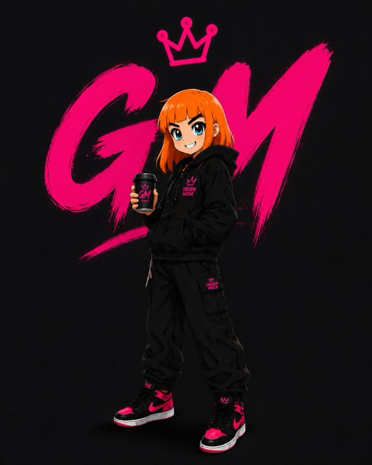 An anime-style illustration of an orange-haired character in black streetwear with pink accents, holding a coffee cup, with 'GM' written in pink brushstrokes behind her.