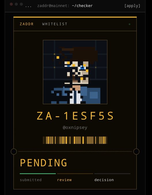 A digital application card for "ZADDR WHITELIST" displays user @oxnipsey with code "ZA-1ESF5S" in pending status on the review stage, reflecting the poster's frustration that their whitelist application to ZaddrNet hasn't been approved yet while others have been accepted.