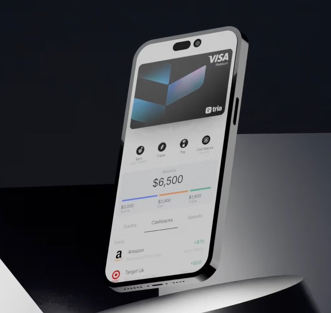 A smartphone displays a Tria Visa Platinum credit card interface with a $6,500 balance, showing tabs for Earn, Trade, Pay, and Cashback along with recent transactions from Amazon and Target.