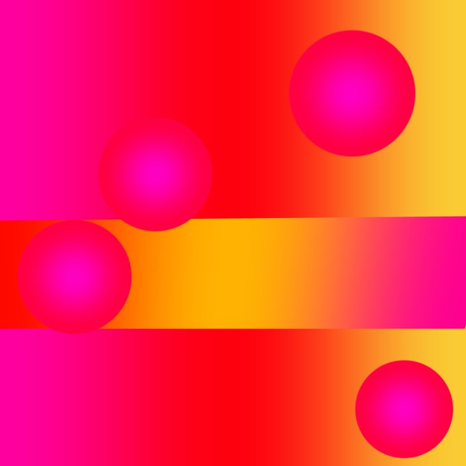 Abstract digital artwork featuring a gradient background of red, orange, and yellow with four glowing pink circular shapes.