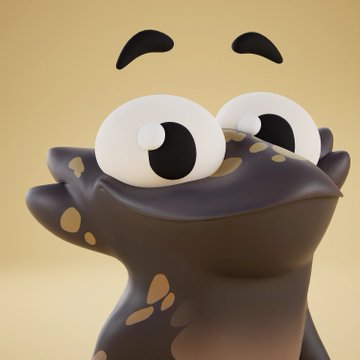 A close-up of a clay-style cartoon dinosaur figurine from the Claynosaurz NFT collection, featuring large expressive eyes and a glossy dark brown finish. The playful character aligns with the user's excitement about acquiring a Popkin NFT at an affordable price to rejoin the Claynosaurz community.