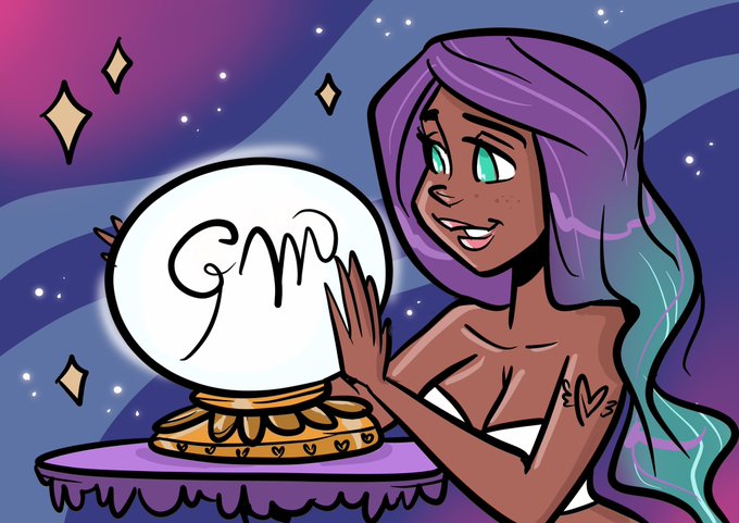 A digital illustration of a purple-haired fortune teller character holding up a crystal ball displaying the letters 'GM', set against a starry purple background.