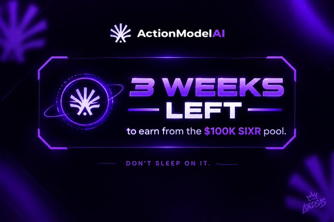 A vibrant purple promotional banner for 'ActionModelAI' announcing '3 WEEKS LEFT to earn from the $100K $IXR pool.'