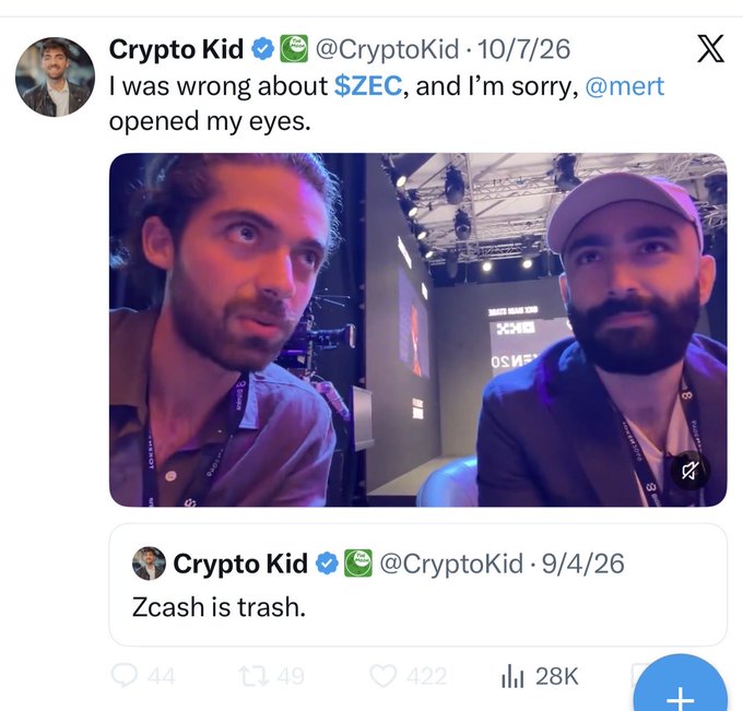 A screenshot of an X (Twitter) post by @CryptoKid from 10/7/26 saying 'I was wrong about $ZEC, and I'm sorry, @mert opened my eyes,' quoting an earlier 9/4/26 tweet that read 'Zcash is trash,' featuring a photo of two men.