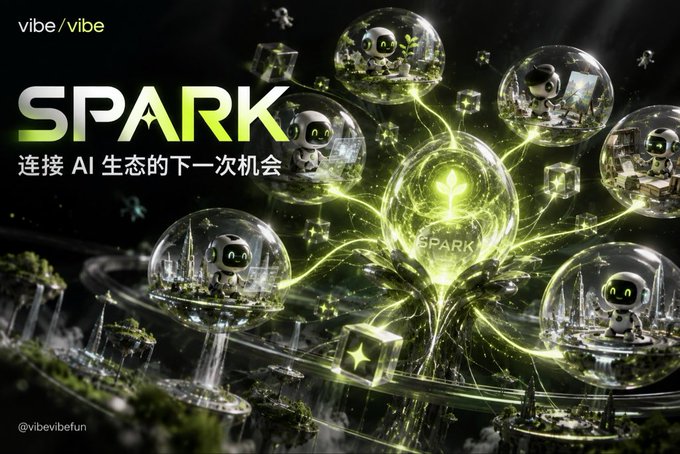 A promotional graphic for 'SPARK' with the tagline '连接 AI 生态的下一次机会' featuring glowing green energy, floating bubble-like worlds with small robots, and the handle '@vibevibefun'.