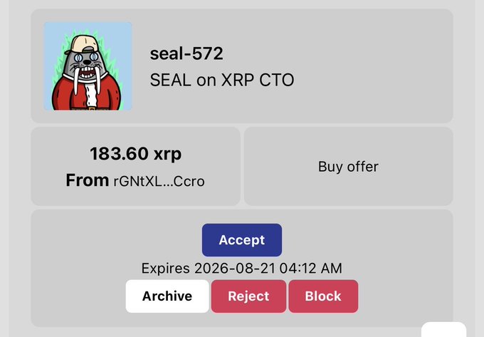 An XRP NFT marketplace buy offer for 'seal-572' (SEAL on XRP CTO) at 183.60 XRP from user rGNtXL...Ccro, with options to Accept, Archive, Reject, or Block before expiring 2026-08-21.