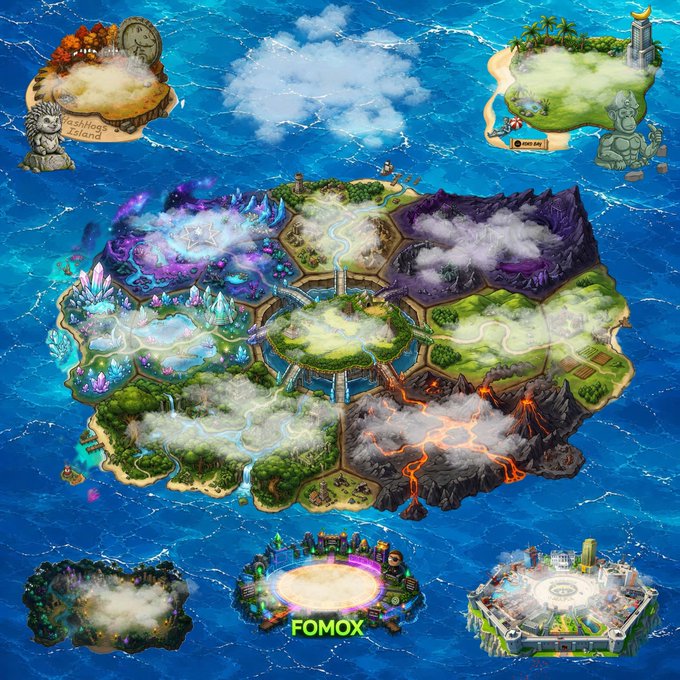 The image features a large blue island with various elements such as buildings, mountains, water, and clouds. The island appears to be part of a map or game that includes different islands and landscapes. There are also several small islands scattered throughout the scene. The text in the image reads "Focus on what is in the image and how it relates to the post." This suggests that the focus should be on the specific elements within the image, such as the island with buildings and mountains or the clouds above the water.