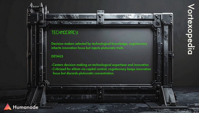 The image displays a slide from "Vortexpedia" by Humanode, defining "Technocracy" as decision-making led by technological expertise that prioritizes innovation and merit-based selection over plutocratic (wealth-based) power, shown on a metallic industrial-style framed screen. The caption relates to the post's theme by introducing a new governance term for the week's vocabulary, specifically highlighting technocracy's meritocratic approach as an alternative to wealth-driven political systems.