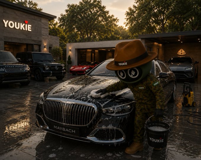 The image shows a figure in camouflage clothing and a brown fedora branded "YOUKIE" washing a black Maybach luxury car at a high-end detailing facility, with other premium vehicles visible in the background. However, this image doesn't relate to the accompanying post about River Inc. and DeFi liquidity—there's no connection between the car-washing scene and the cryptocurrency/blockchain topic mentioned.