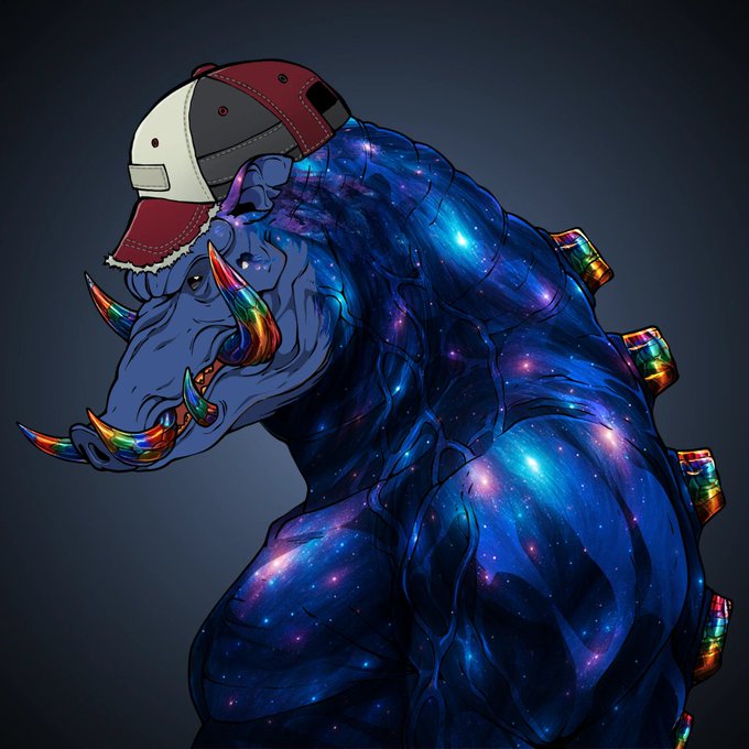 A digital artwork of a muscular, blue-toned reptilian or monstrous creature with galaxy-patterned skin, rainbow-colored horns and spikes, wearing a red and white baseball cap backward.