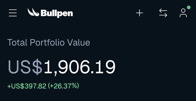 A screenshot of the Bullpen app interface on a dark background, displaying a 'Total Portfolio Value' of 'US$1,906.19' with a positive change of '+US$397.82 (+26.37%)' shown in green.
