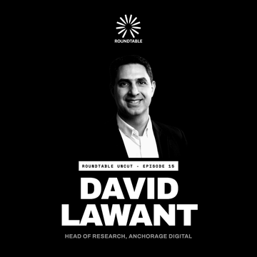 A black and white promotional graphic for 'Roundtable Uncut - Episode 16' featuring a portrait of 'David Lawant', identified as 'Head of Research, Anchorage Digital'.