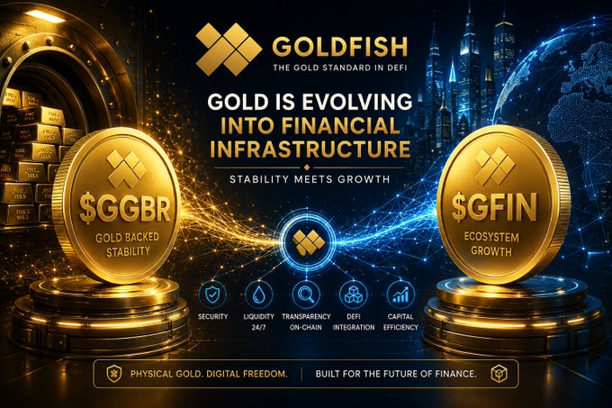 The image features two gold coins placed on a platform with the text "Goldfish" written above them. The coins are made of gold, which suggests that they hold some value or importance. Below the coins, there's a caption that reads "Gold is evolving into financial infrastructure". This implies that the coins represent a valuable asset in terms of their connection to the financial world.

The image also includes text about physical gold and digital gold, as well as an explanation of how these assets can be used for security and growth purposes. The overall theme of the image seems to revolve around the concept of investing in gold or other forms of valuable assets.