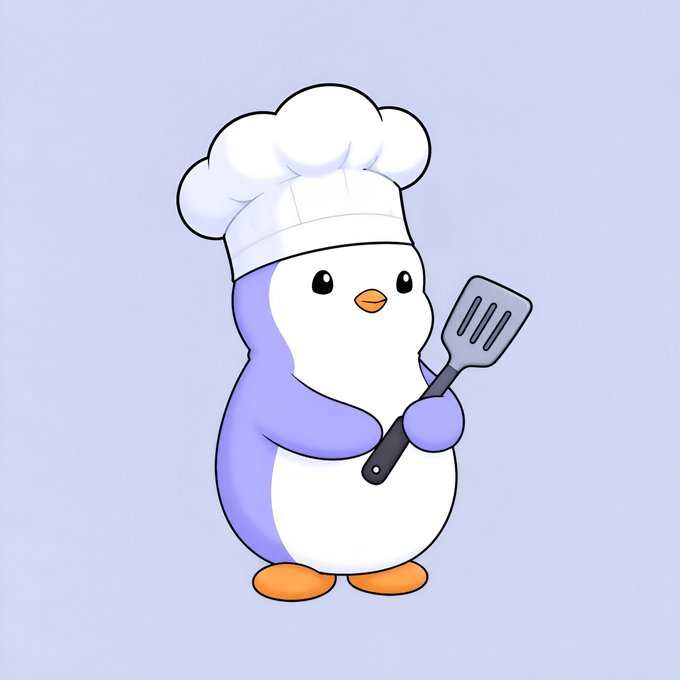A cartoon illustration of a cute, round penguin with a light purple body and white belly, wearing a white chef's hat and holding a grey spatula, set against a light purple background.