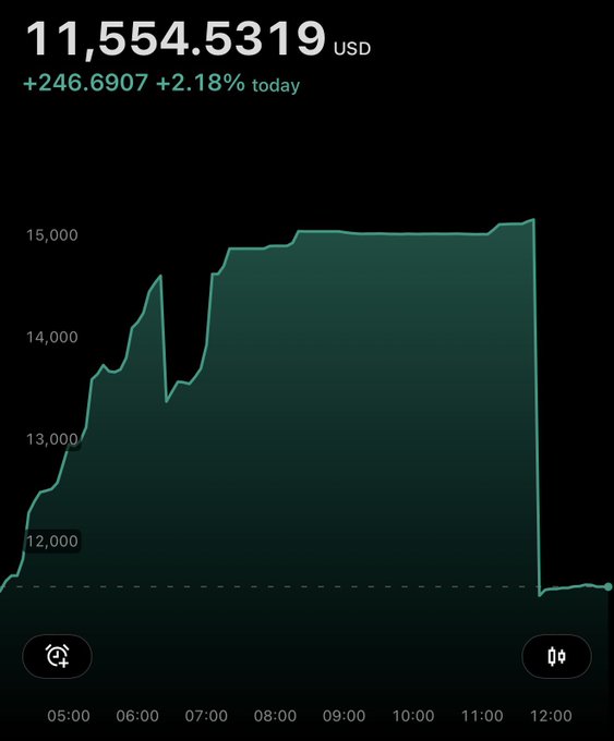 The image shows a Robinhood-style portfolio chart displaying a value of **$11,554.5319 USD**, with a daily gain of **+$246.6907 (+2.18%)**. 

The chart depicts a dramatic intraday pattern: the value climbed steadily from around $12,000 to a peak of approximately $15,100 by midday, held there briefly, then **plunged sharply to $11,554** at around 12:00 — visually illustrating a massive short squeeze before positions were closed, aligning with the post's claim that "All Ethereum shorts have been CLOSED."