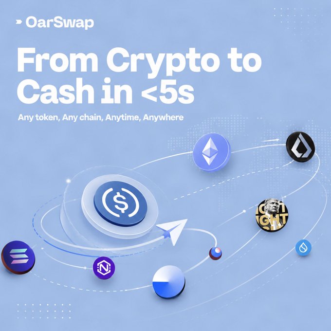 A promotional graphic for OarSwap featuring the headline "From Crypto to Cash in <5s" and tagline "Any token, Any chain, Anytime, Anywhere," surrounded by various cryptocurrency logos including Ethereum, Solana, Sui, and others orbiting a central dollar sign icon. The image directly illustrates the post's theme by visually representing OarSwap's solution to the user's need for a versatile offramp that converts any cryptocurrency on any chain to fiat currency quickly.