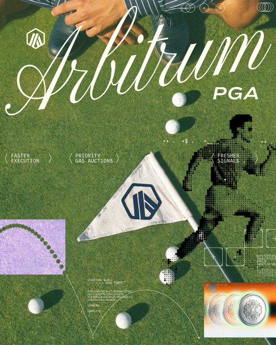 An identical duplicate of Image 4, showing the same Arbitrum PGA promotional poster with golf balls, a flag, runner silhouette, and feature labels on a grass background.