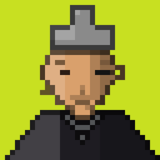 A pixel art portrait of a man wearing a gray hat and dark shirt against a bright green background.