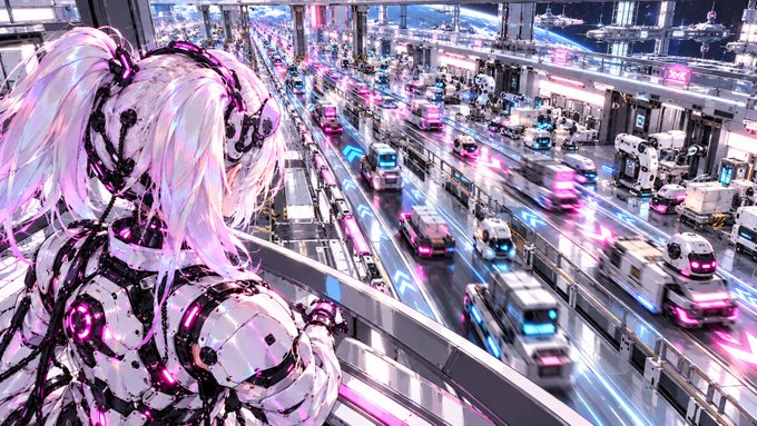 An anime-style character with pink hair and cybernetic armor overlooks a futuristic cyberpunk city filled with neon-lit vehicles and glowing highways.