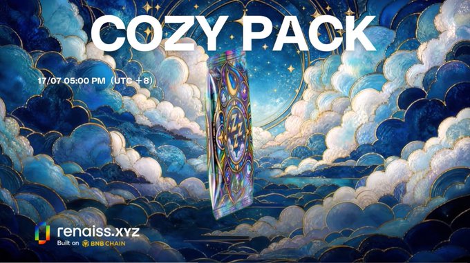 A promotional graphic for 'COZY PACK' dated 17/07 05:00 PM (UTC +8) featuring an ornate decorative book floating among blue and gold clouds, with 'renaiss.xyz Built on BNB CHAIN' at the bottom.