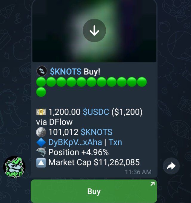 A mobile app screenshot for 'PUMP IT' showing a $KNOTS token purchase interface with green dots, a transaction for 1,200.00 $USDC, 101,012 $KNOTS acquired via DFlow, a position up +4.96%, and a market cap of $11,262,085.