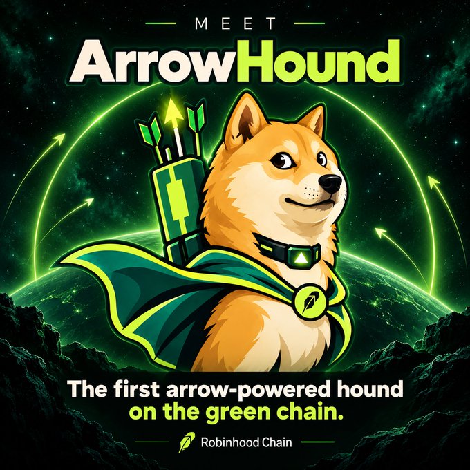 A stylized Shiba Inu dog wearing an emerald cape and quiver of green arrows is set against a cosmic green background with the text "MEET ArrowHound - The first arrow-powered hound on the green chain. Robinhood Chain," matching the post's introduction of the ArrowHound memecoin on Robinhood Chain.