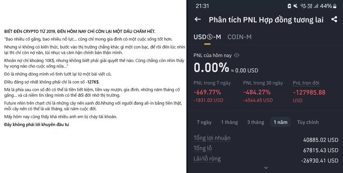 A split-screen showing Vietnamese text on the left with a headline about 'BIẾT ĐẾN CRYPTO TỪ 2019' discussing a -127K$ loss, and a crypto trading app interface on the right showing a futures account PNL analysis with significant losses over a 1-year period.