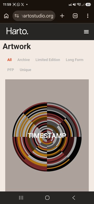 Screenshot from hartostudio.org showing the "Artwork" gallery page with the featured piece "Timestamp," a circular abstract artwork with concentric rings in red, black, white, and tan tones, displayed under the "All" category filter.