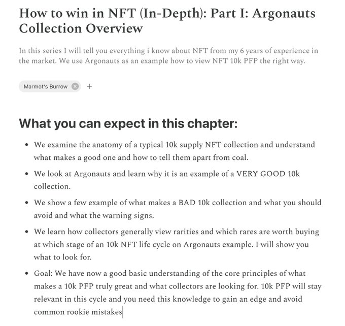 An article titled 'How to win in NFT (In-Depth): Part I: Argonauts Collection Overview' by Marmot's Burrow, discussing 10k PFP NFT collection analysis.