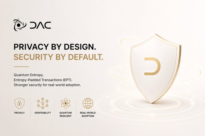 A promotional graphic for DAC highlighting 'PRIVACY BY DESIGN. SECURITY BY DEFAULT.' with features including Quantum Entropy, Entropy-Padded Transactions (EPT), Privacy, Verifiability, Quantum Resilient, and Real-World Adoption.