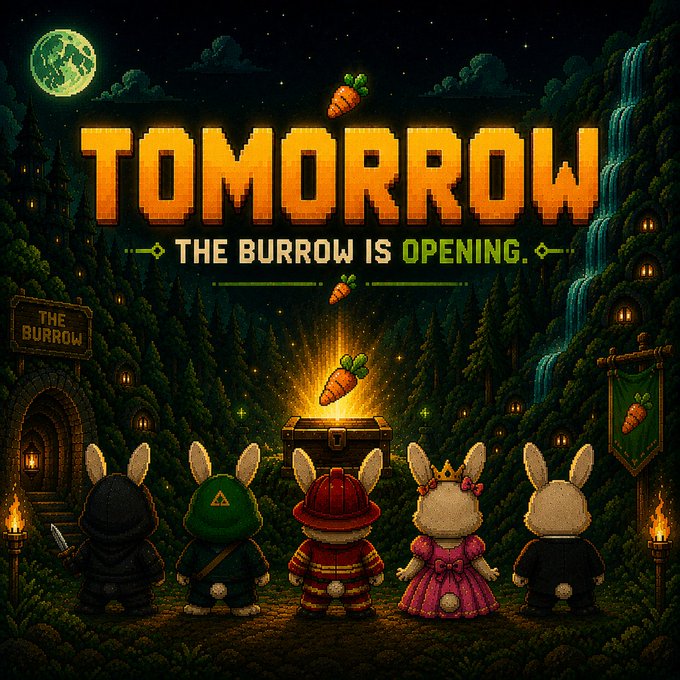 Pixel-art rabbits in various costumes gather before a glowing treasure chest and "The Burrow" entrance beneath the text "TOMORROW — THE BURROW IS OPENING," promoting the Rabbit Hood Society NFT mint launch on August 26 at 16:30 UTC via OpenSea. The fantasy woodland scene, complete with a waterfall, moonlit sky, and carrots floating from the chest, visually reinforces the post's teaser about the collection's imminent debut.