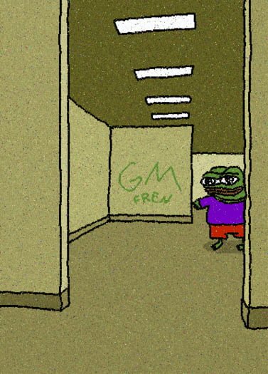A cartoon drawing of Pepe the Frog standing in a hallway next to graffiti that says 'GM FREN' on the wall.