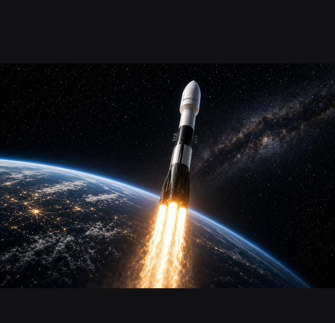 A digital illustration of a black and white rocket launching into space with fiery exhaust, set against Earth and a starry Milky Way galaxy backdrop.