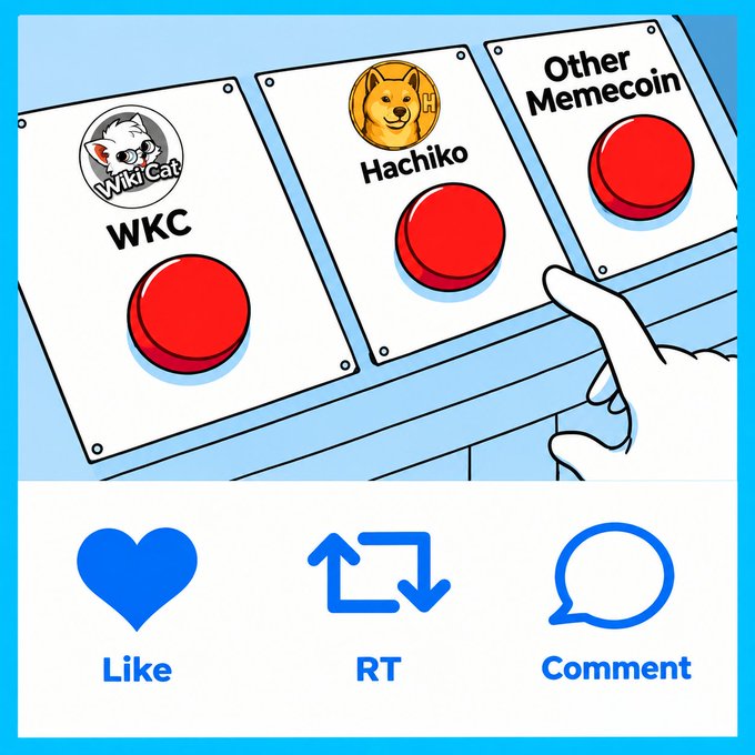 An illustration showing three buttons labeled 'WKC' (WikiCat), 'Hachiko', and 'Other Memecoin' with a finger pressing one, above Like, RT, and Comment social media icons.